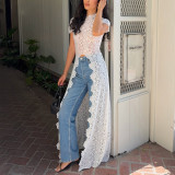 Lace Floral Hollow Out Crop Top and Long Pants Set with Front Slit