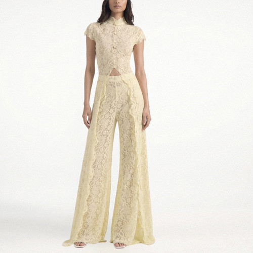 Lace Floral Hollow Out Crop Top and Long Pants Set with Front Slit