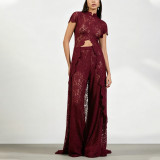 Lace Floral Hollow Out Crop Top and Long Pants Set with Front Slit