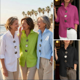 Solid Color  Long Sleeve Shirt with Metal Buttons