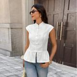 Cotton-Linen Chinese Style Frog Button Sleeveless Shirt with Ruffled Hem for Women