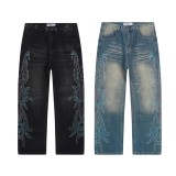 Washed Vintage Distressed Rhinestone Denim Jeans