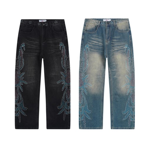 Washed Vintage Distressed Rhinestone Denim Jeans