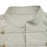 Retro Stand-Collar Button-Decorated Zipper Jacket for Women