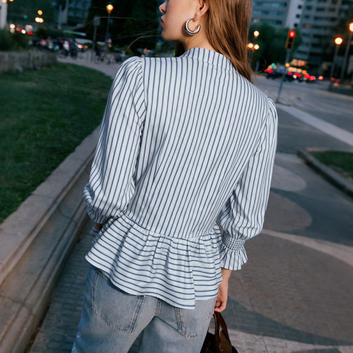 Striped Stand-Collar Chinese Style Knotted Long Sleeve Shirt