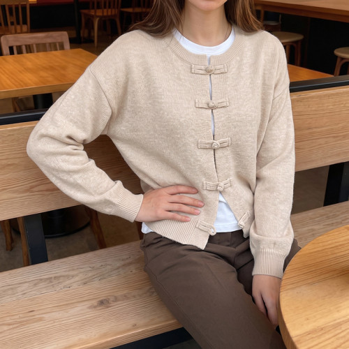 Solid Color New Chinese Style Knotted Cardigan Sweater