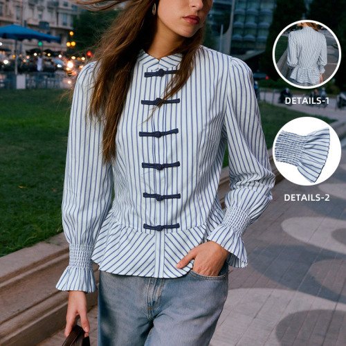 Striped Stand-Collar Chinese Style Knotted Long Sleeve Shirt