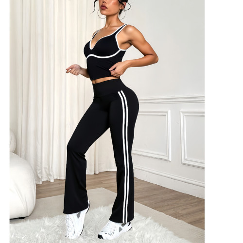 Black and White Color-Block Bell-Bottom Quick-Dry Yoga Pants Set