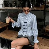 Striped Stand-Collar Chinese Style Knotted Long Sleeve Shirt