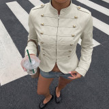 Retro Stand-Collar Button-Decorated Zipper Jacket for Women