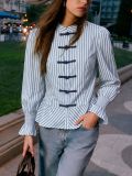 Striped Stand-Collar Chinese Style Knotted Long Sleeve Shirt