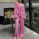 Elegant V-Neck Ruffle Blouse & High-Waisted Wide-Leg Pants Set