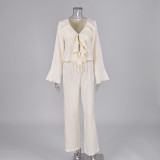 Elegant V-Neck Ruffle Blouse & High-Waisted Wide-Leg Pants Set