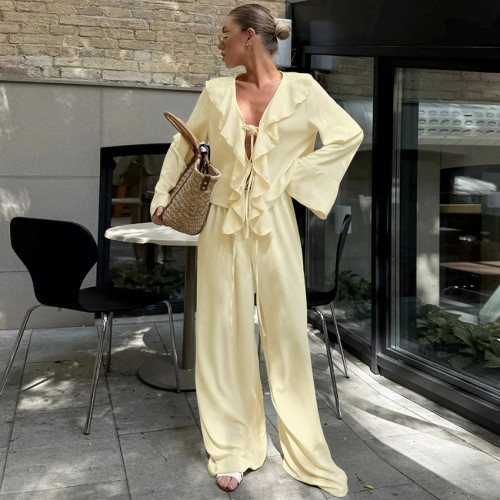 Elegant V-Neck Ruffle Blouse & High-Waisted Wide-Leg Pants Set