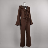 Elegant V-Neck Ruffle Blouse & High-Waisted Wide-Leg Pants Set