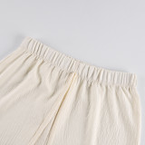 Elegant V-Neck Ruffle Blouse & High-Waisted Wide-Leg Pants Set