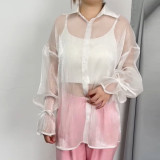 Sheer Black Mesh Lantern Sleeve Shirt for Women