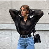 Sheer Black Mesh Lantern Sleeve Shirt for Women