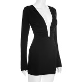Sexy Deep V-Neck Long-Sleeve Bodycon Midi Dress