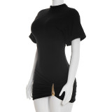 Minimalist Mock-Neck Ruched Dress with Metal Hardware Detail