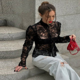 Stylish Stand-up Collar Sexy Lace Long-sleeved Blouse