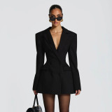 Sophisticated Blazer-Style Deep V-Neck Peplum Waist Dress