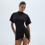 Minimalist Mock-Neck Ruched Dress with Metal Hardware Detail