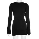 Sexy Deep V-Neck Long-Sleeve Bodycon Midi Dress