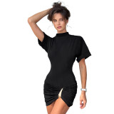 Minimalist Mock-Neck Ruched Dress with Metal Hardware Detail