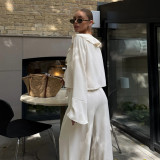 Elegant V-Neck Ruffle Blouse & High-Waisted Wide-Leg Pants Set