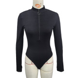 Rib Half Zip Up Long Sleeve Holes Bodysuit women
