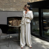 Elegant V-Neck Ruffle Blouse & High-Waisted Wide-Leg Pants Set