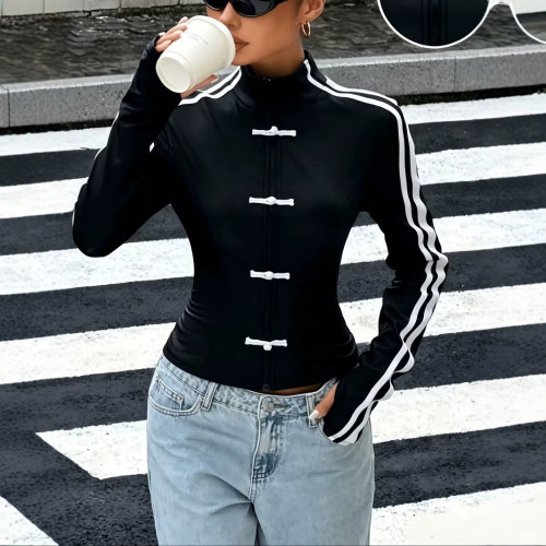 Color-Block Side Stripe Cinched Waist Slim Fit Zip-Up  Frog Button Stand Collar Jacket