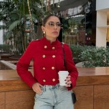 Elegant Red Double-Breasted Slim-Fit Jacket Coat for Women