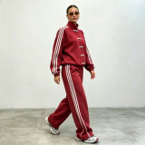 Neo-Chinese 3-Stripe Tracksuit Frog Button Retro Jacket & Wide Leg Pants Set