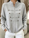 Stand Collar Double-Zip Knit Cardigan for Women