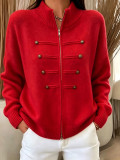 Stand Collar Double-Zip Knit Cardigan for Women