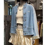 Stand Collar with Chinese Knot Denim Washed Jacket