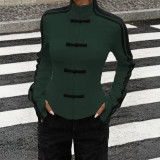 Color-Block Side Stripe Cinched Waist Slim Fit Zip-Up  Frog Button Stand Collar Jacket