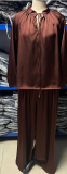Solid Color V-Neck Tie Waist Loose Casual Pants Set for Women