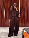 Solid Color V-Neck Tie Waist Loose Casual Pants Set for Women