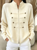 Stand Collar Double-Zip Knit Cardigan for Women