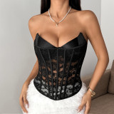 Slim-Fit Waterdrop Bust Lace-Paneled Strapless Crop Top