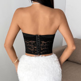 Slim-Fit Waterdrop Bust Lace-Paneled Strapless Crop Top