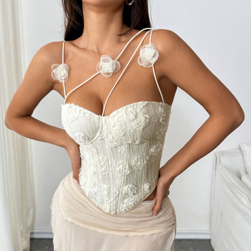3D Floral Embroidered Asymmetric Strap Underwire Boned Corset Cami Top