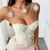 3D Floral Embroidered Asymmetric Strap Underwire Boned Corset Cami Top