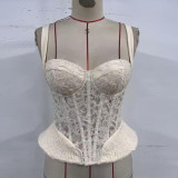 Embroidered Lace Boned Lace-Up Corset Vest Top