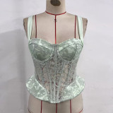 Embroidered Lace Boned Lace-Up Corset Vest Top