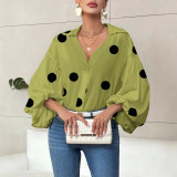 Polka Dot Half-Placket Loose Puff Long-Sleeve Blouse
