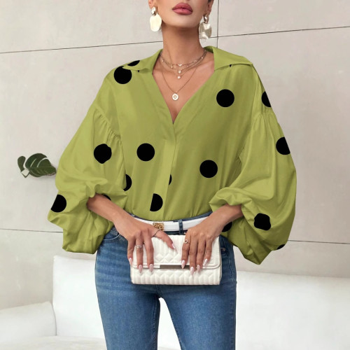 Polka Dot Half-Placket Loose Puff Long-Sleeve Blouse